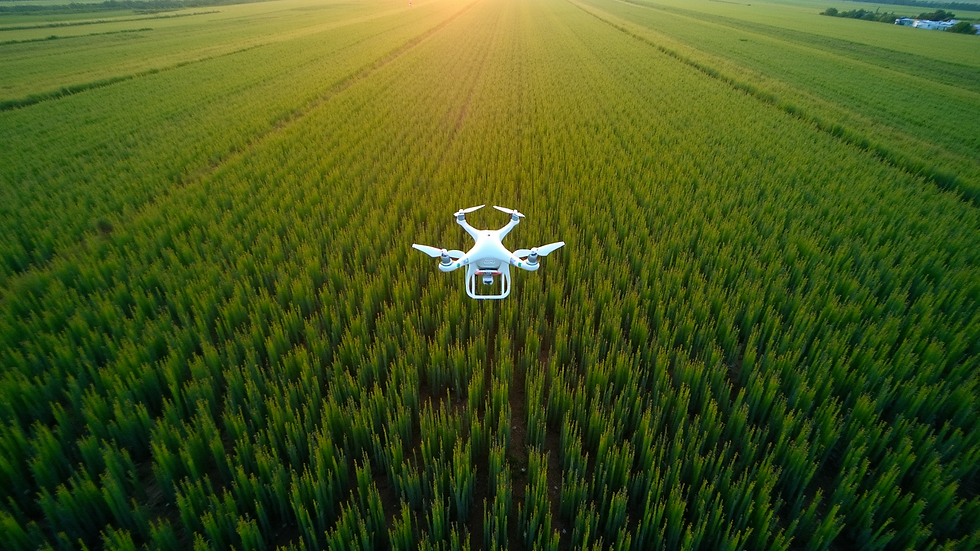 Vista aérea de drone em operação sobre plantação verde