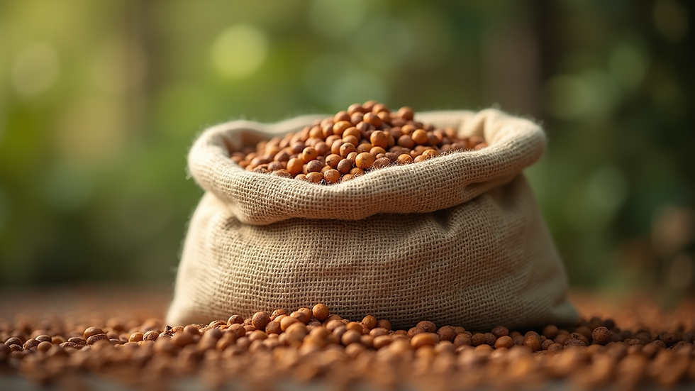 Close-up de saco de fertilizante MAP com grãos de soja ao fundo