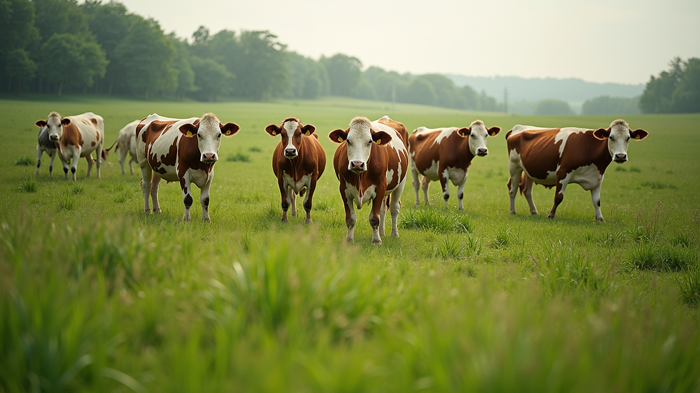 High angle view of lush green pasture with dairy cattle