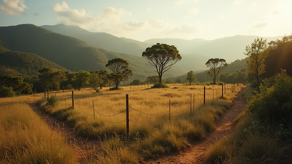 Vista aérea de uma fazenda com plantações e cercas delimitando áreas de arrendamento