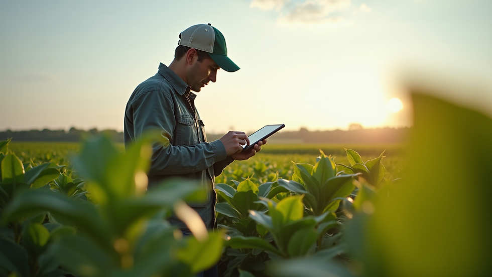 Eye-level view of a farmer using a tablet in a soybean field