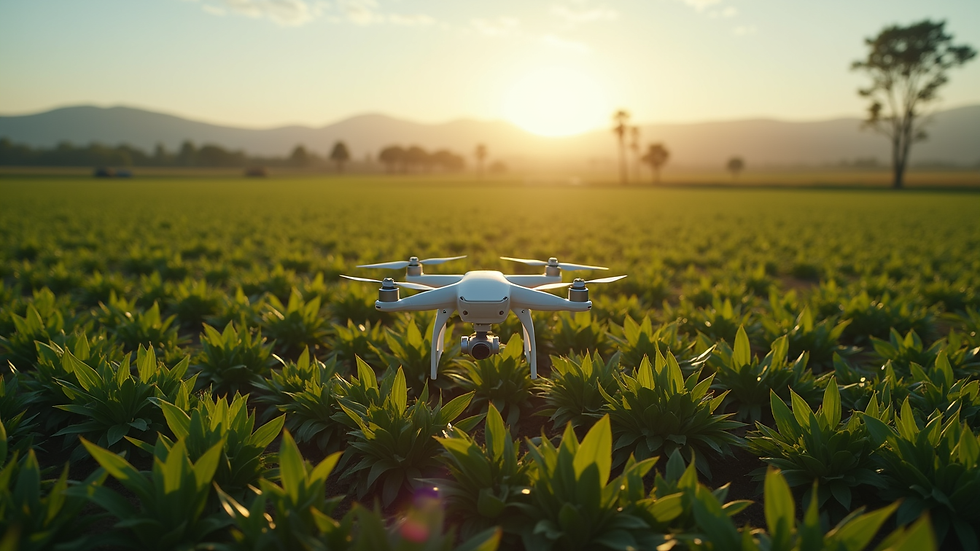Vista aérea de drone sobre plantação com software de gestão agrícola em uso