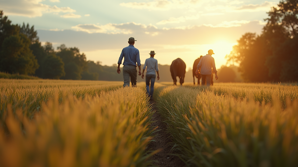 Eye-level view of a rural farm with workers