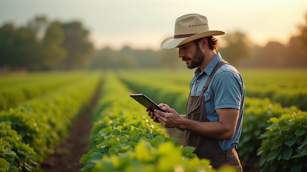 Vista lateral de agricultor usando tablet em plantação de alface