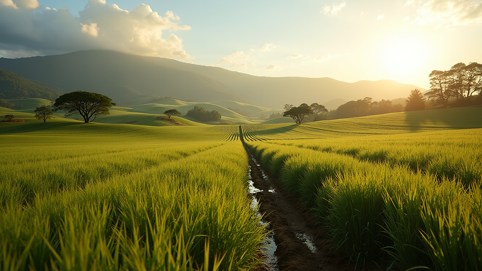 Vista aérea de plantação de soja com planilha de custos ao lado