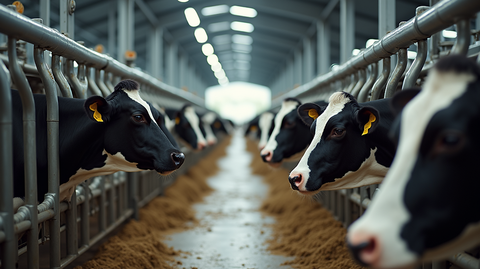 Eye-level view of a modern dairy barn with high-tech milking machines