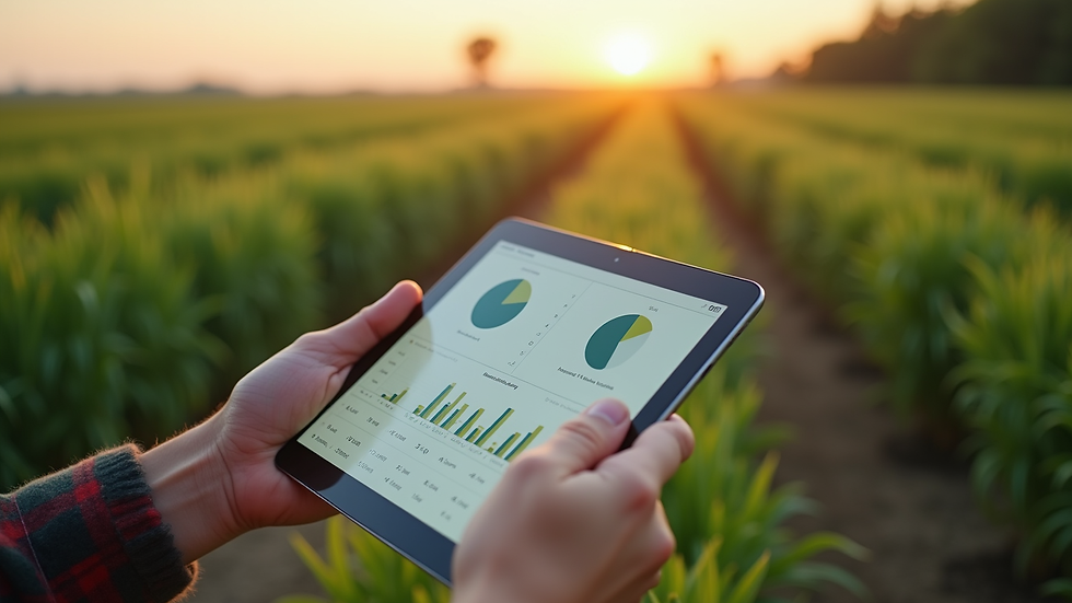 Eye-level view of a tablet showing agricultural data in a farm setting