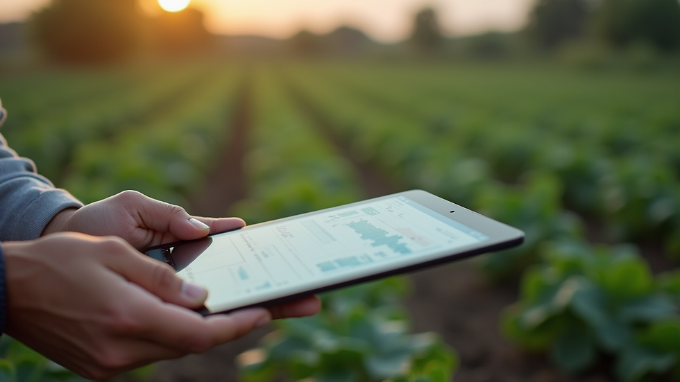 Close-up de um tablet mostrando um aplicativo de gestão agrícola