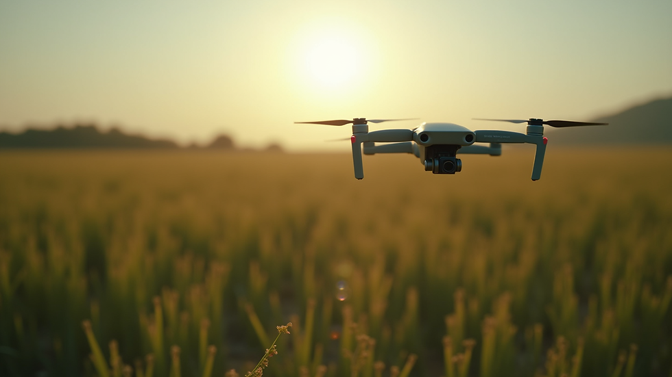 Drone pulverizando área de plantação com visão lateral