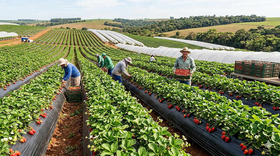 Vista aérea de canteiro com plantas de morango saudáveis