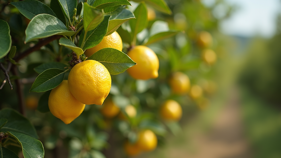 Vista lateral de pomar de limão Siciliano com árvores frutíferas em crescimento