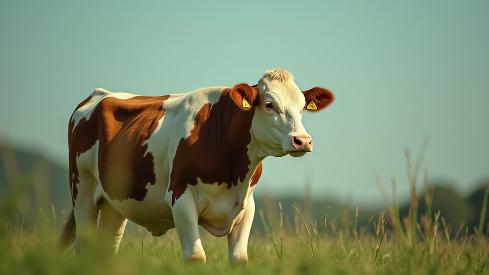 Vista lateral de vaca leiteira em pastagem verde