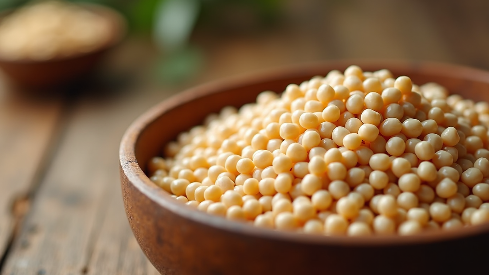 Close-up view of soybean grains in a wooden bowl
