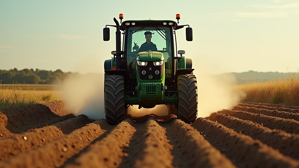 Vista frontal de trator compacto trabalhando em terreno agrícola familiar