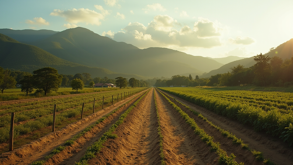Vista aérea de uma fazenda com áreas de plantio bem organizadas