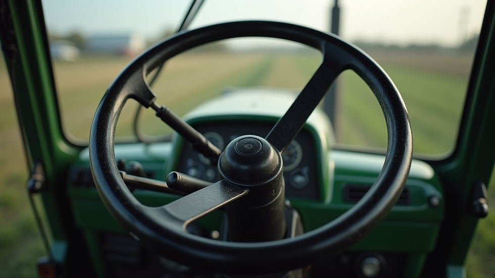 Close-up view of tractor steering wheel with control system