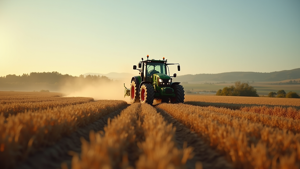 Eye-level view of a tractor working on a cultivated field