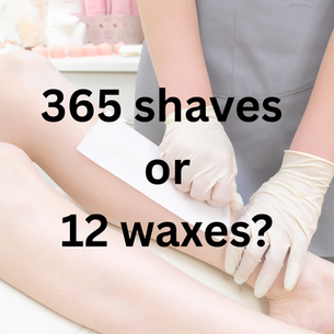 Gloved esthetician waxing a client’s leg in a spa, with bold text: 365 shaves or 12 waxes?