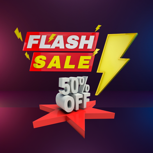 Flash sale graphic with 50% off text, yellow lightning bolts, red star, and bold red-and-yellow promo banners on dark gradient.