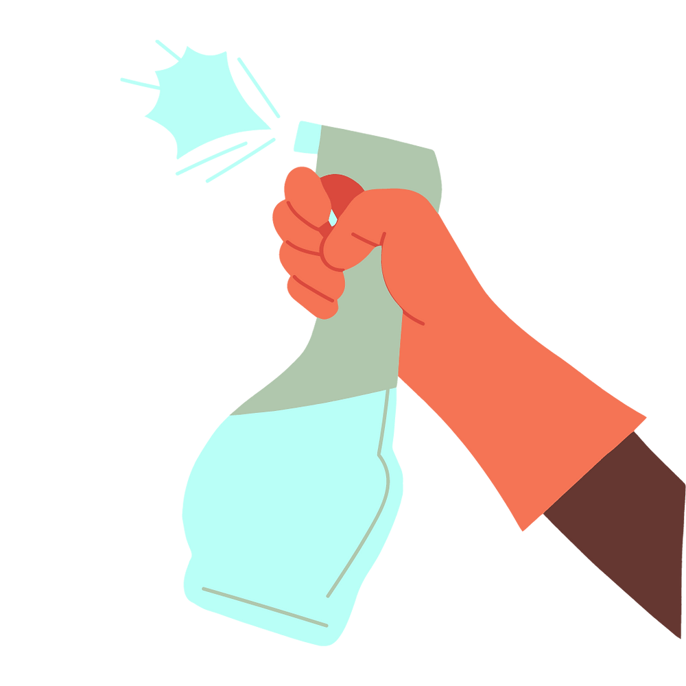 a person wearing gloves holding a spray bottle to clean surface, clean house daily, clean mirrors, tables, surfaces, windows