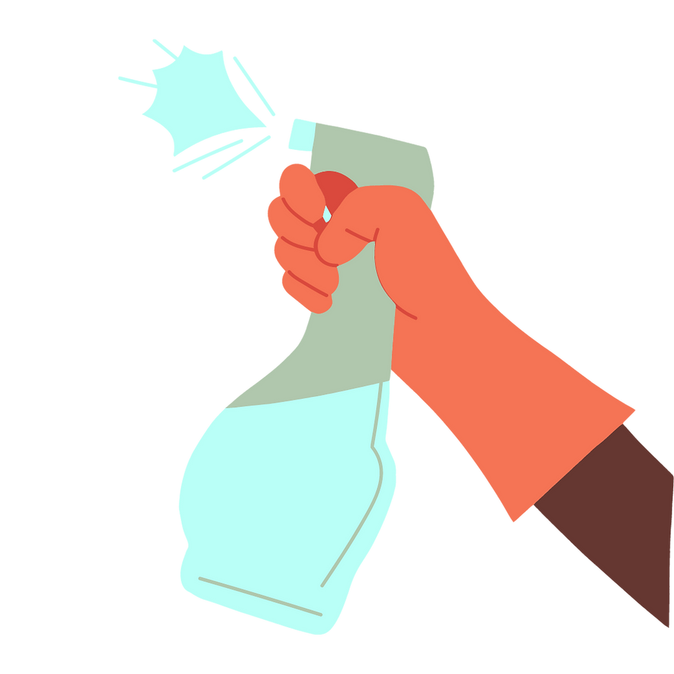 a person wearing gloves holding a spray bottle to clean surface, clean house daily, clean mirrors, tables, surfaces, windows