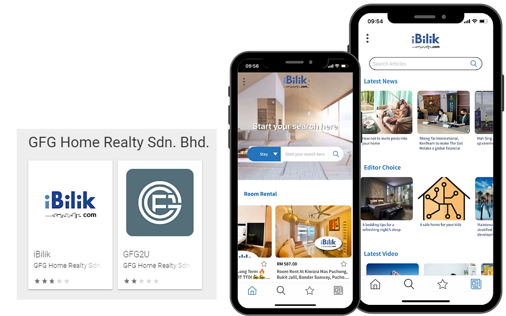 room rental, ibilik app, ibilik website, mockup, gfg home realty sdn bhd, ibilik mobile app