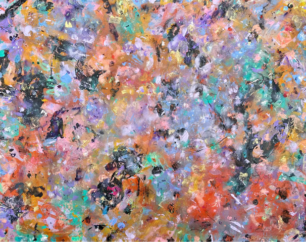 Abstract painting with vibrant layers of peach, lavender, mint, black, and gold, creating a dynamic, textured composition that evokes joy, movement, and a sense of playful chaos.
