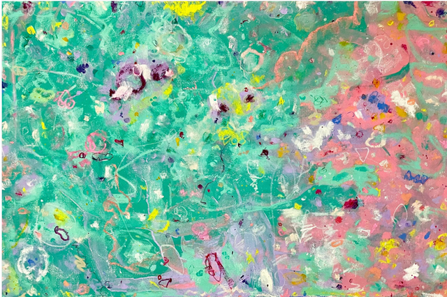 Abstract painting with expressive layers of green, peach, white, purple, yellow, creating a colorful, swirling composition that suggests emotion, movement, and joyful chaos.