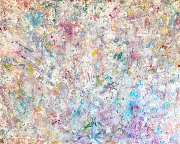 Abstract painting with a light cream and pink base and layered dabs of magenta, blue, green, creating a dreamy, confetti-like texture that evokes joy, spring, and gentle movement.