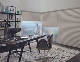 Hunter Douglas blinds in an office with a brown chair and brown table.
