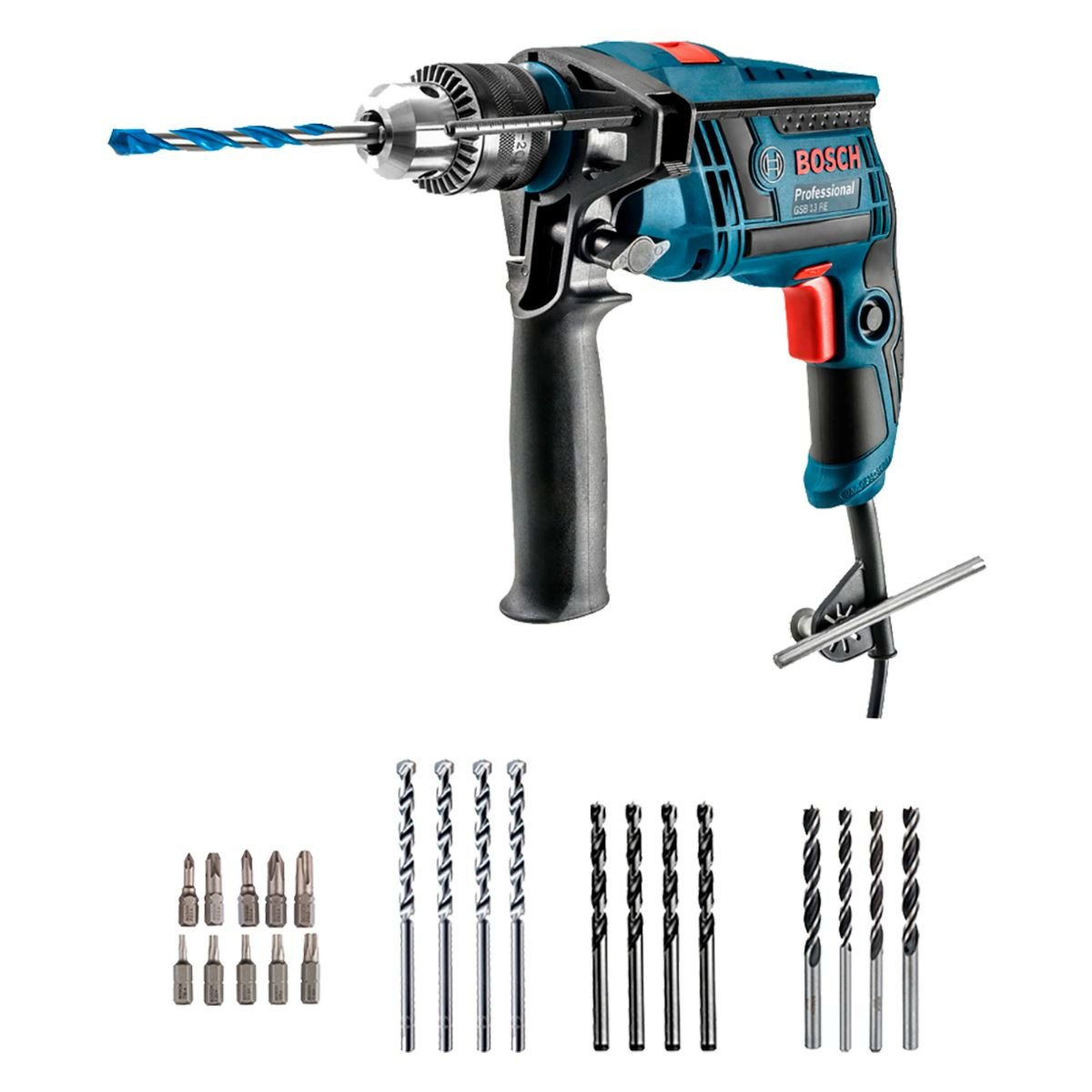 Taladro Percutor 1/2" 750W Bosch GSB 13 RE + Kit de 23 Brocas y Puntas