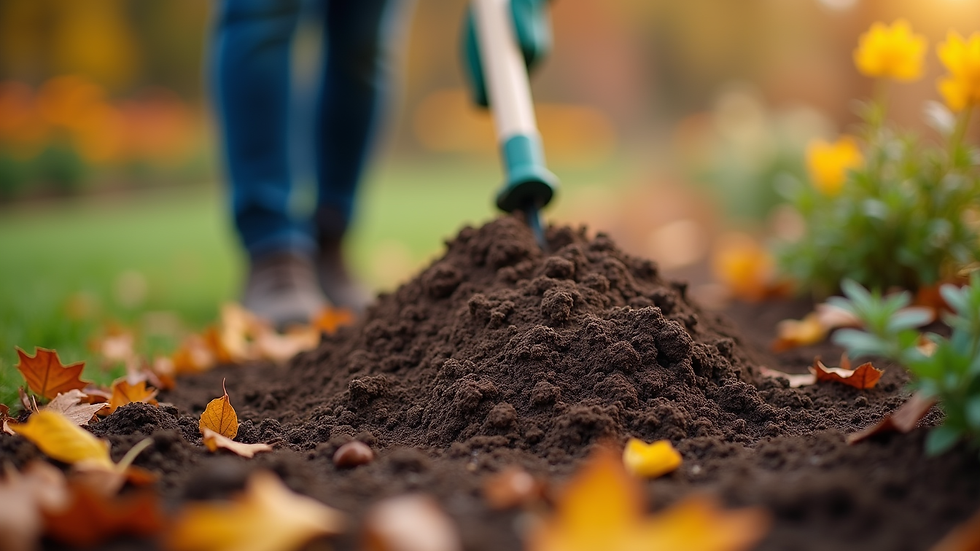 Close-up view of a gardener mulching flower beds in autumn