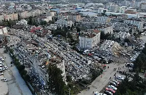 Aerial photo shows collapsed buildings and destruction in Hatay, Turkey, on Feb. 7.webp