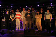 Photo of StoryTree host Georgia Francis with March Poetry Slam competitors.