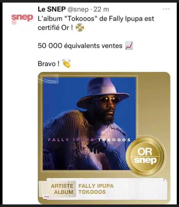 L'Album "TOKOOOS" de l'Aigle🦅 Fally Ipupa certifié Disque d'Or.