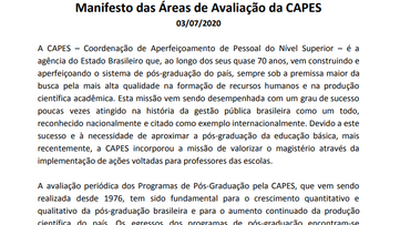 Nota de Apoio ao Manifesto das Áreas de Avaliação da CAPES
