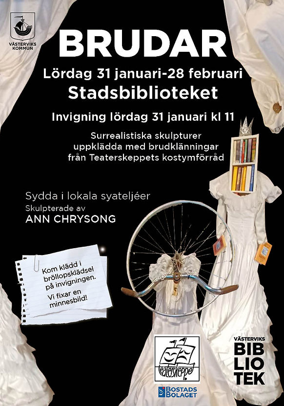 Affisch om utställningen BRUDAR på Stadsbiblioteket i Västervik 31 jan-28 feb 2026