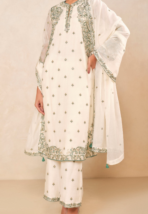 Thumbnail: Aisha Embroidered Mul Kurta Set - Ivory