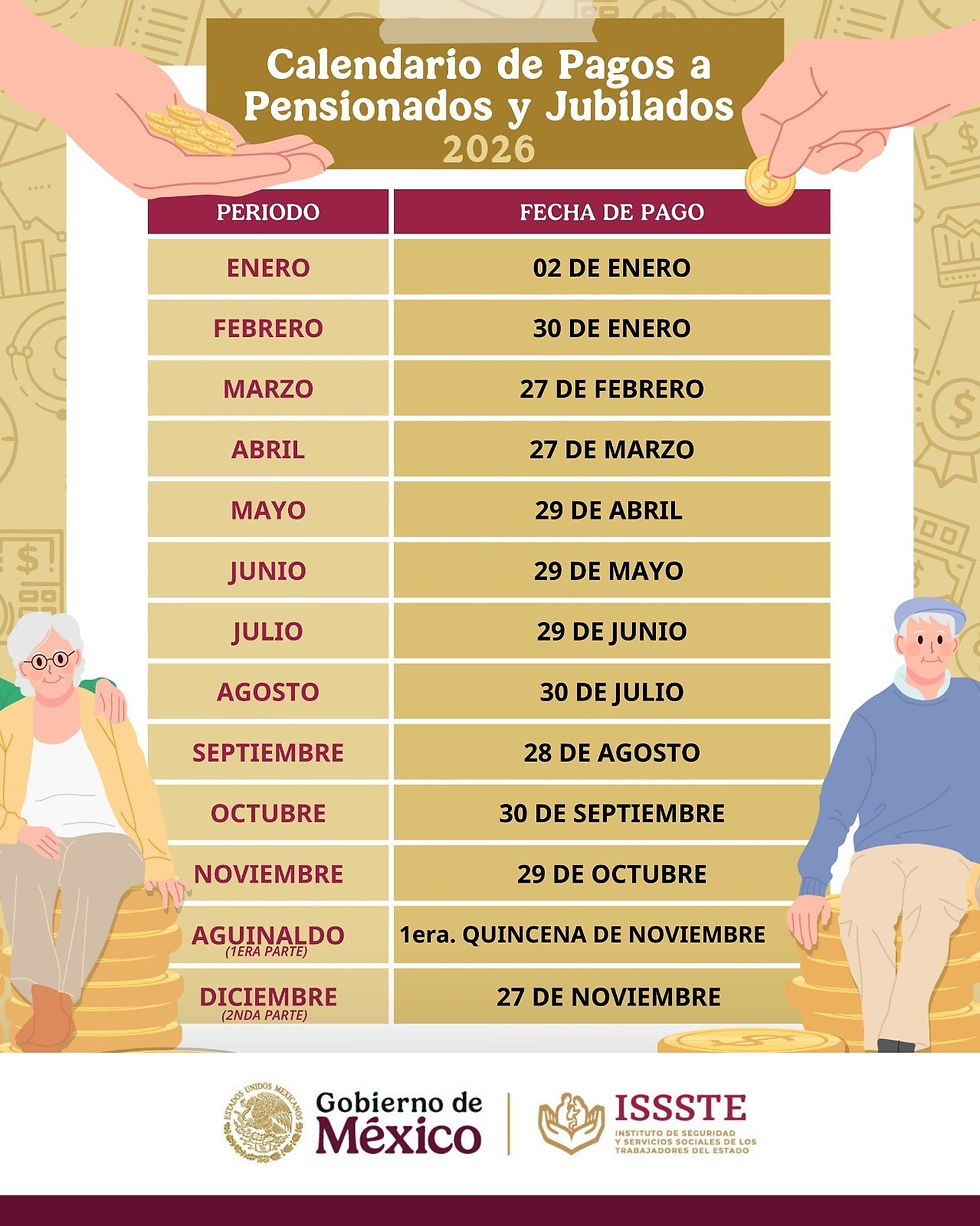 Calendario institucional de pagos a pensionados y jubilados del ISSSTE para 2026.