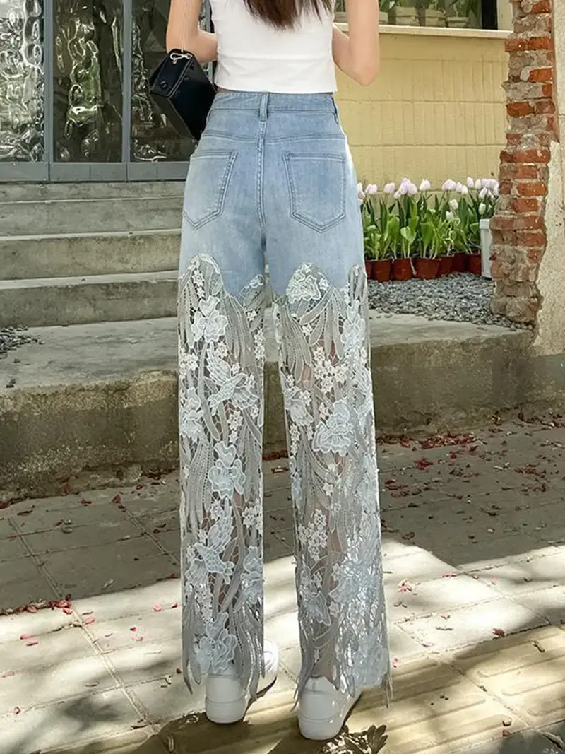 Thumbnail: Lace Denim Wide-Leg Jean Pants