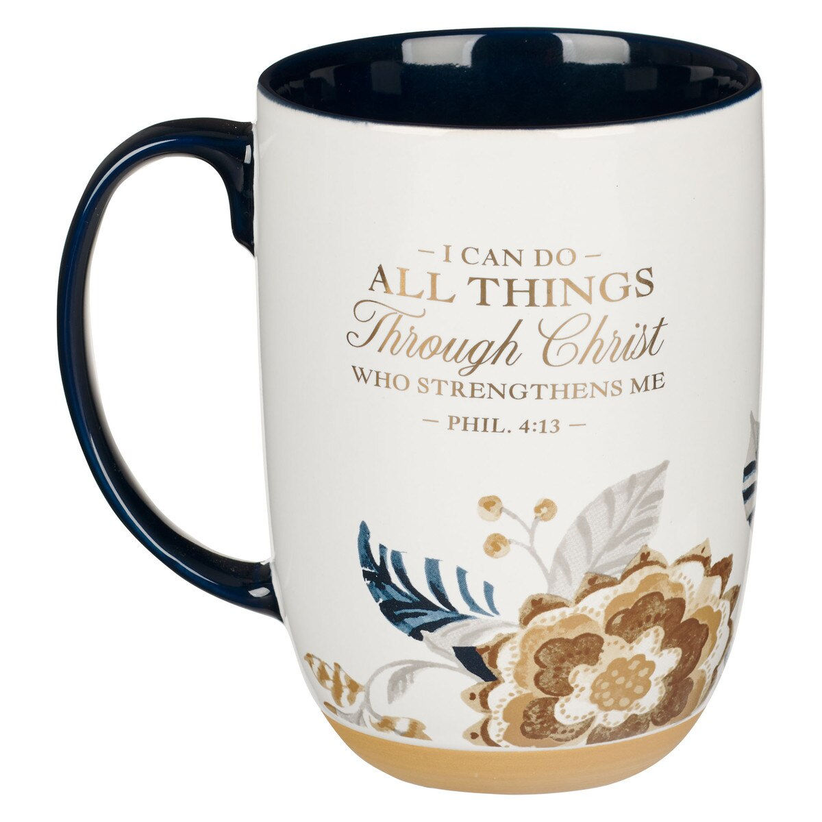 I Can Do All Things Honey-brown and Blue Ceramic Mug with Exposed Clay Base