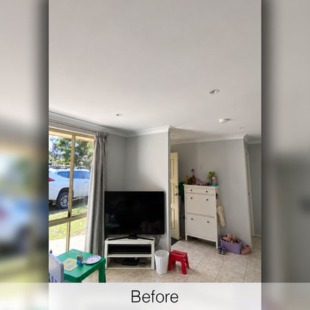 Living room ceiling before LED lighting and ceiling fan upgrade in Blaxland.
