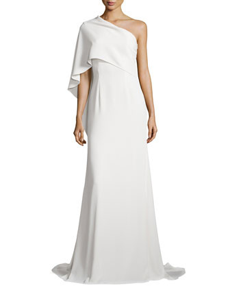 Carmen Marc Valvo One-Shoulder Cape Gown, Ivory