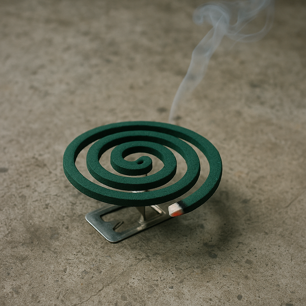 Green mosquito coil burning on a metal stand, releasing smoke. Set on a concrete surface, creating a calm and rustic atmosphere.