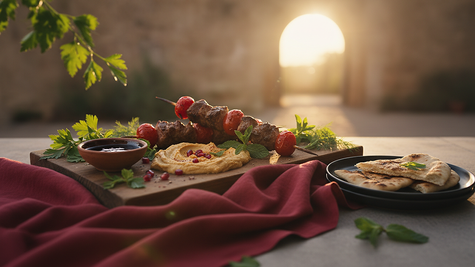 Eye-level view of a beautifully plated Mediterranean lamb kebab with fresh herbs