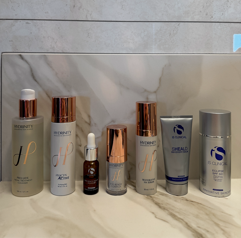 Product Line up - Hydrinity Prelude, Hyacyn Active Mist, iS Clinical Pro Health Serum, Hydinity Eye Renew Complex, Restorative HA Serum, iS Clinical Sheald Balm, Eclipse SPF