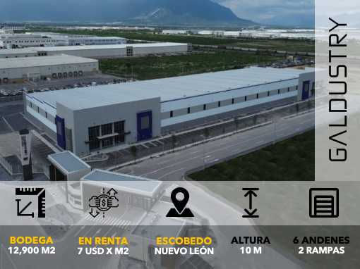 BODEGA EN RENTA EN ESCOBEDO, NUEVO LEÓN DE 12,900 m2 desde 7 USD x m2, 6 andenes equipados + 2 rampas de acceso.