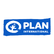Plan Internation logo, blue rectangular flag with illustration of jumping human in a painted circle