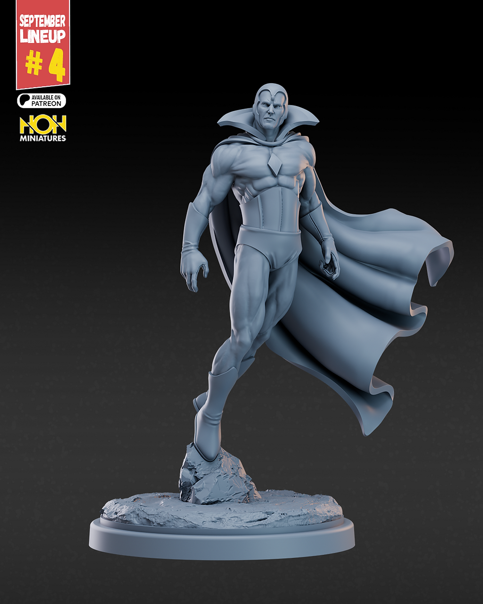 3D printed miniature by HallofHeroes featuring a hovering superhero with a flowing cape standing above a rocky display