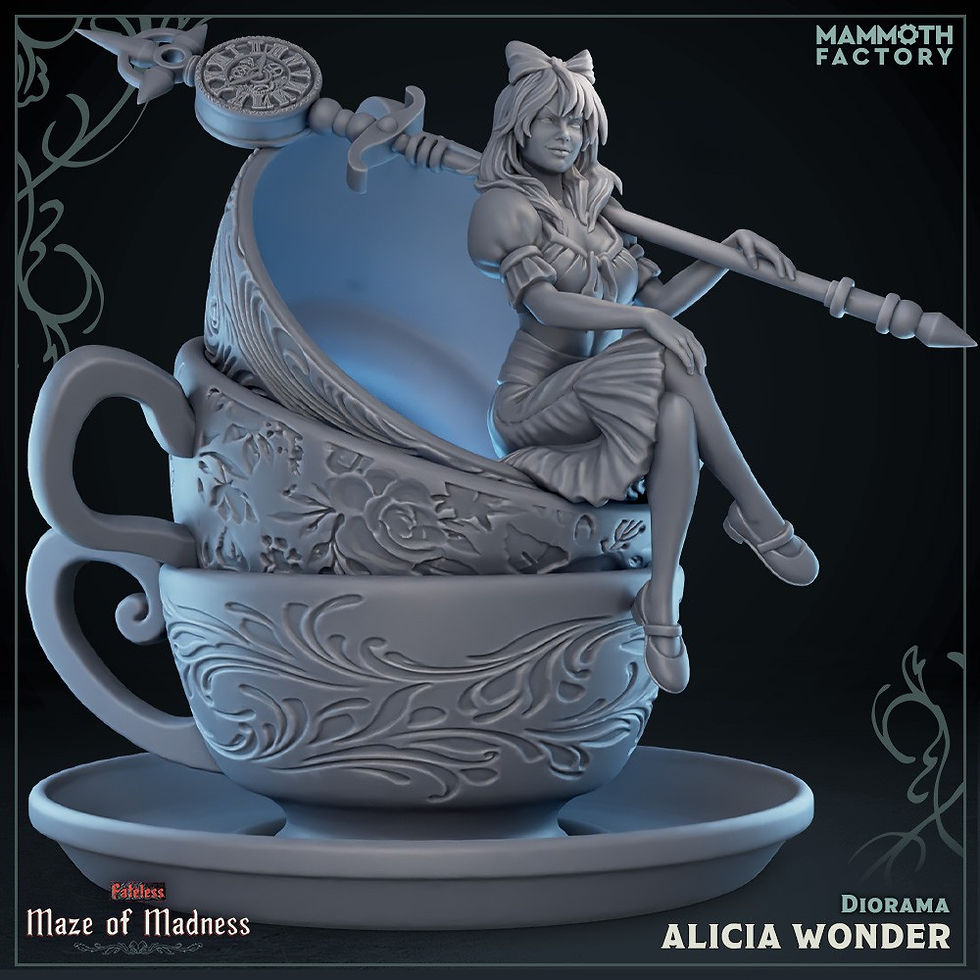 Front view of Alice sitting in three teacups stacked together